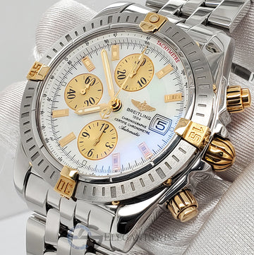 Breitling Chronomat Evolution Chronograph 44MM White MOP Dial Watch B13356 Box Papers