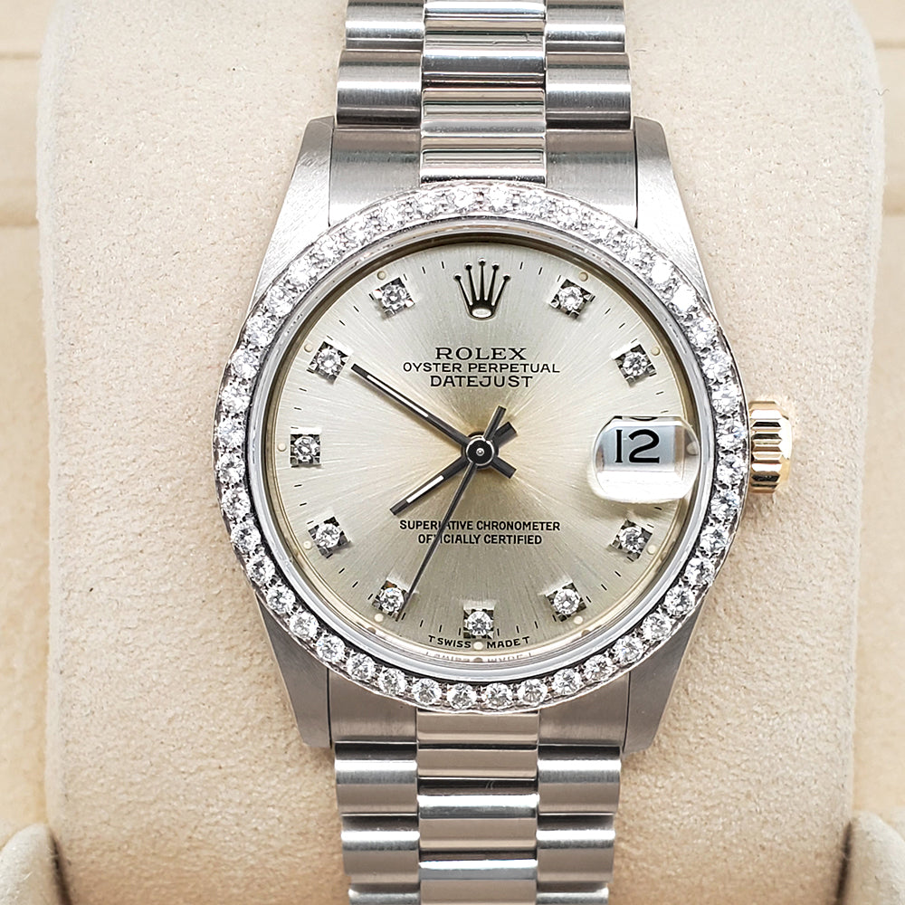 Rolex Datejust 31mm Factory Diamond Silver President White Gold Ladies