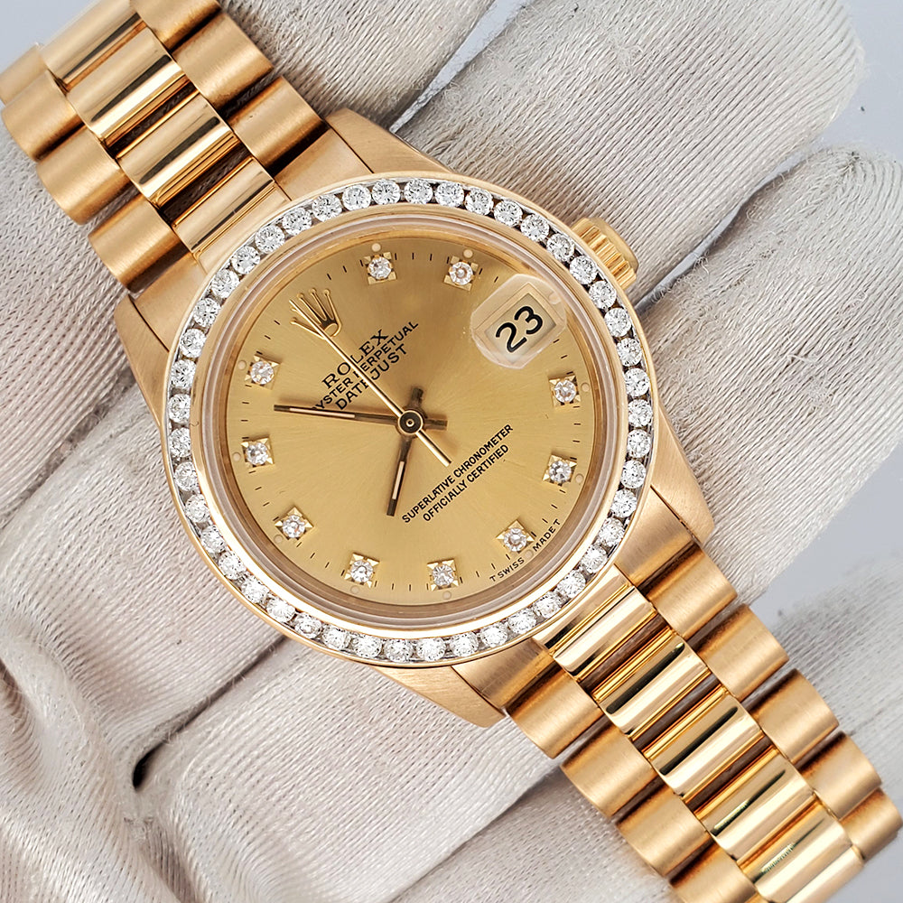 Rolex President Datejust 31mm Yellow Gold Factory Diamond Dial Custom Bezel 68278 Watch