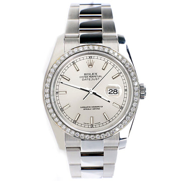 Rolex Datejust 36MM Silver Index Dial Steel Oyster Watch with Custom VS1 Diamond Bezel 116200