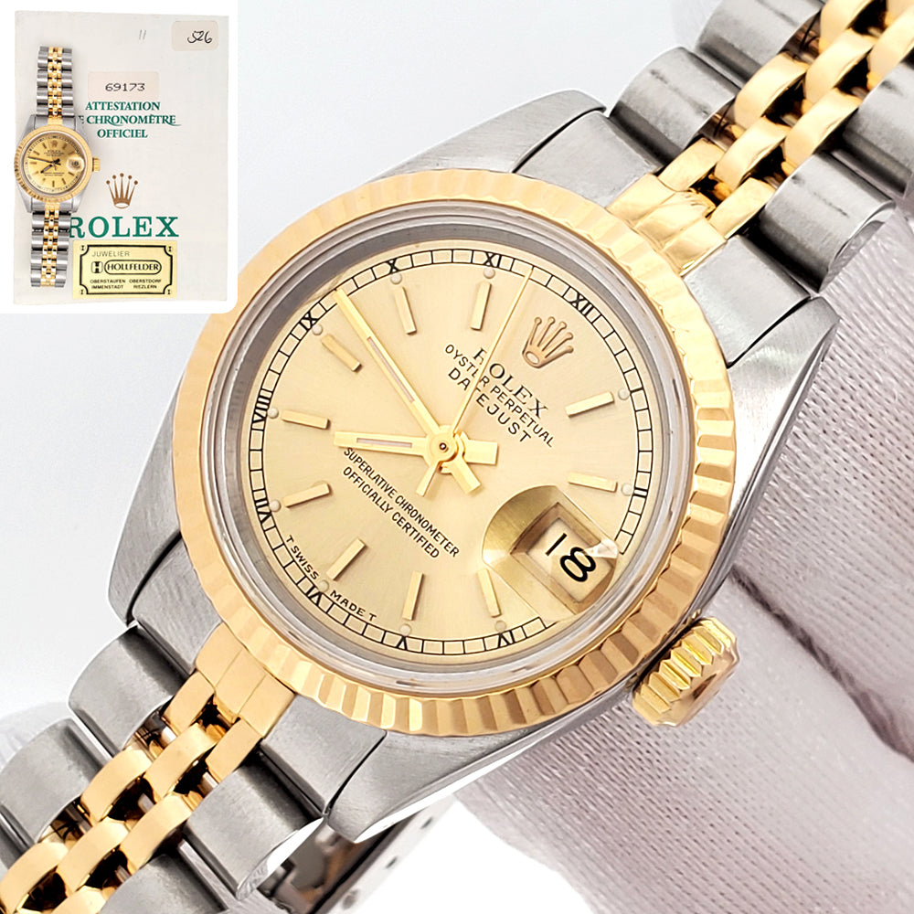 Rolex Ladies Datejust 26mm Two-Tone Champagne Index Dial Fluted Jubilee 69173 Buy Genuine Used Lady-Datejust 26 69173 Watch - Champagne  main image 2
