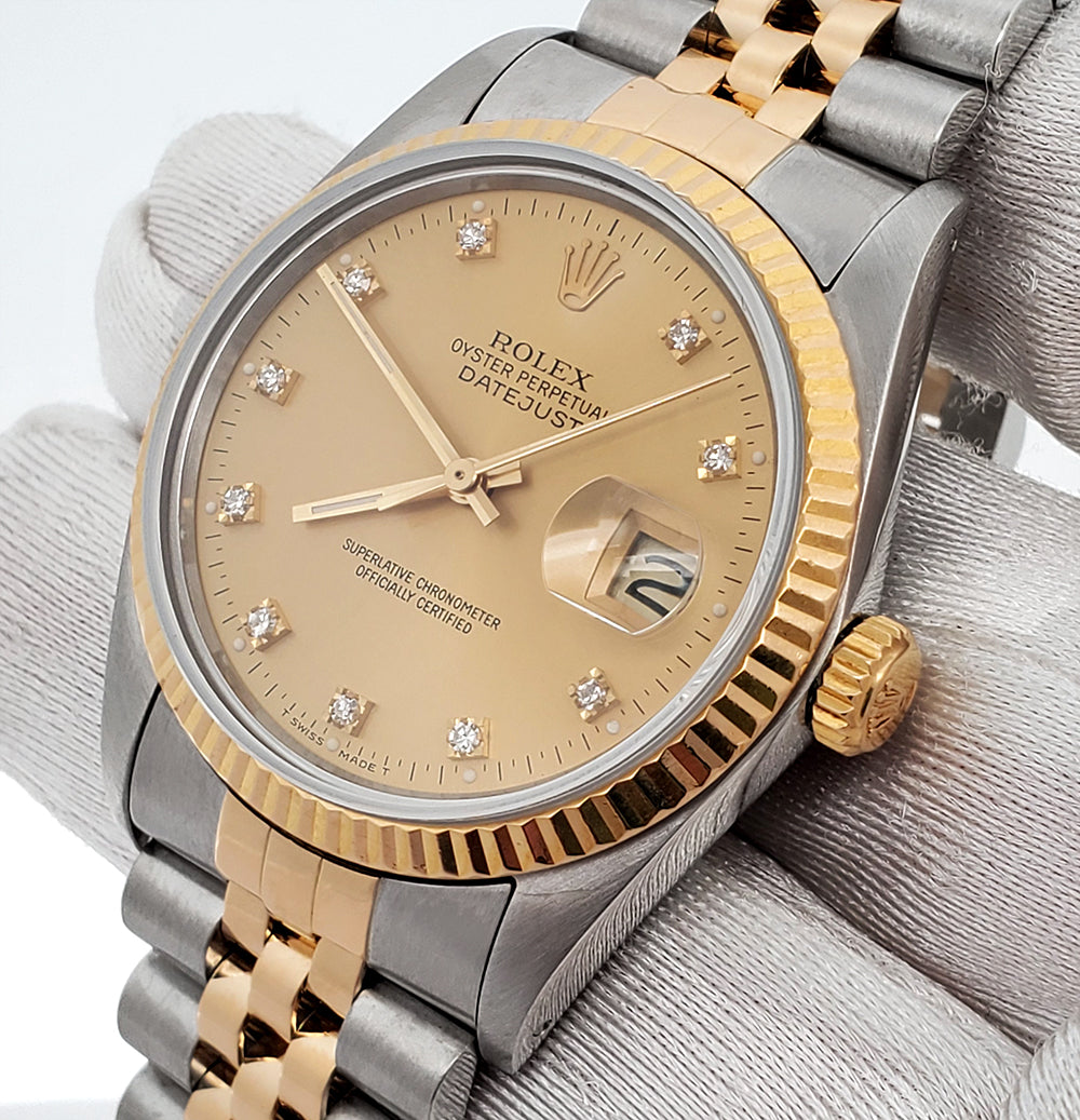 Rolex Datejust 36mm Factory Champagne Diamond Dial Watch 16013