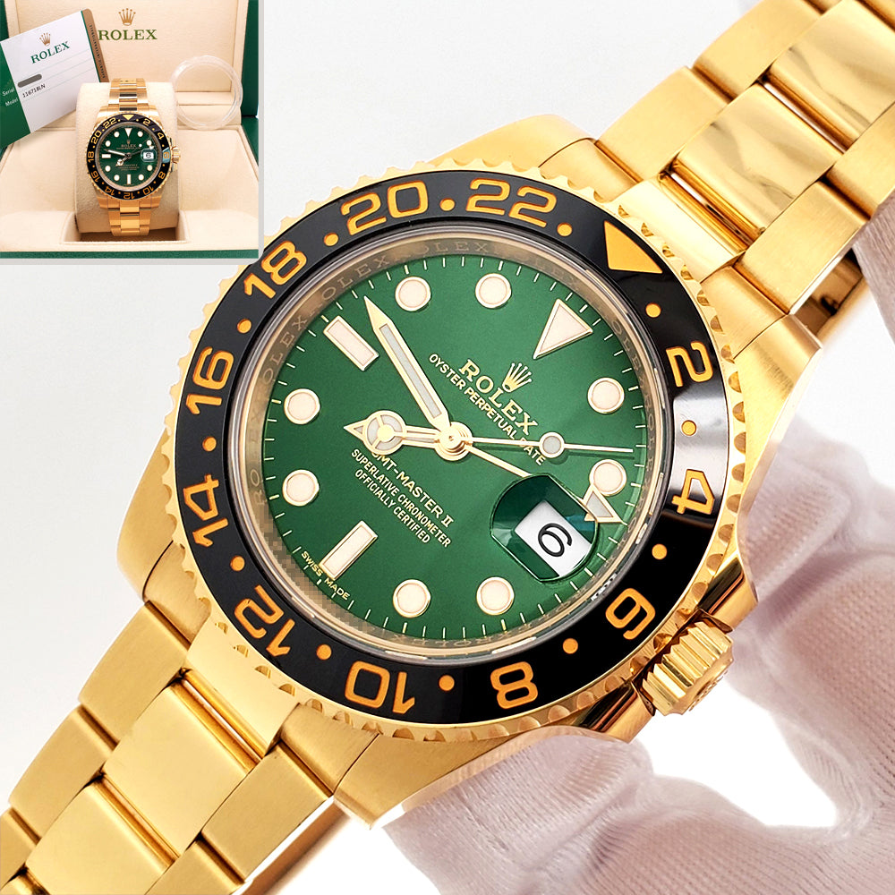 2019 Rolex GMT-Master II Green Dial 116718LN Yellow Gold 40mm Watch Bo