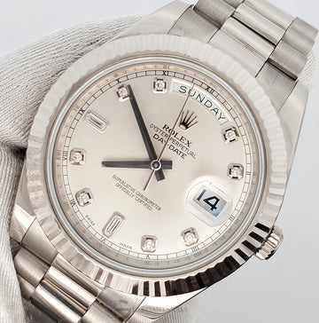 Rolex President Day-Date II 41mm Factory Silver Diamond Dial White Gold Watch 218239 Box Papers