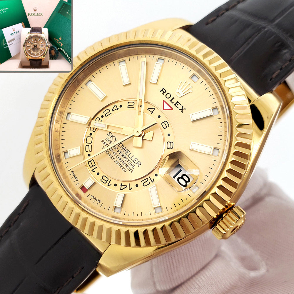 2019 Rolex Yellow Gold Sky-Dweller Watch Champagne Index Dial Leather