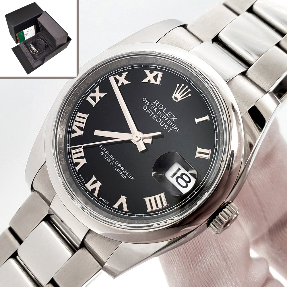 2017 Rolex Datejust 36 Black Roman Dial Steel Oyster Watch 116200