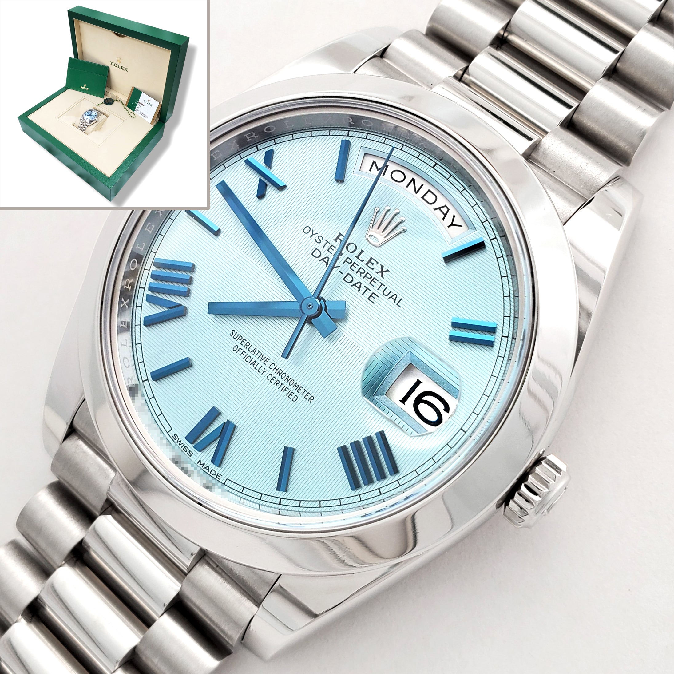 2018 Rolex Day-Date 40 Ice Blue Quadrant Motif Roman Dial Platinum 40m