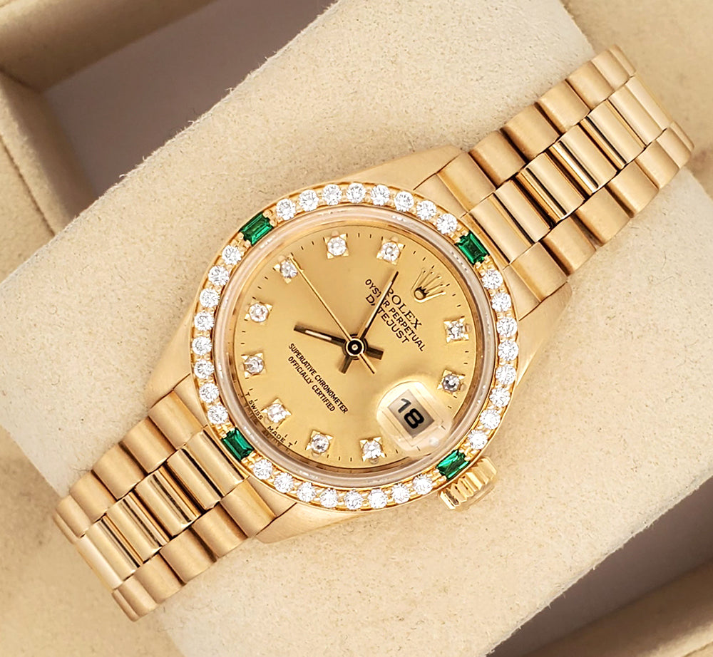ゴールド 手の彫刻 バラ付き Rolex President Lady-Datejust 26mm Factory Diamond Dial 69078