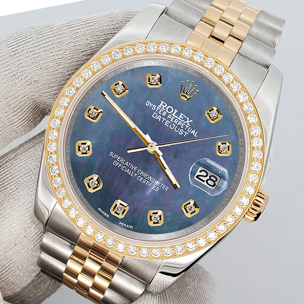 Rolex Datejust 36 mm Black Diamond Dial Two Tone Oyster Watch
