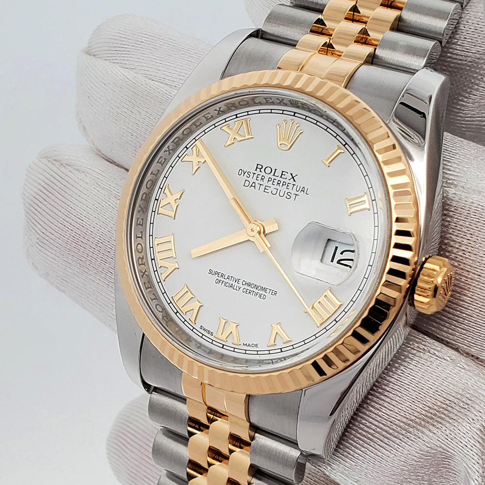 Rolex Datejust 36mm 116233 2-Tone White Roman Dial Jubilee Watch Box P