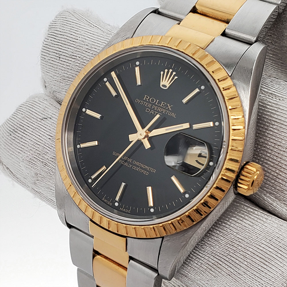 Rolex Date 34mm 2-Tone Yellow Gold/ Black Dial Watch 15223