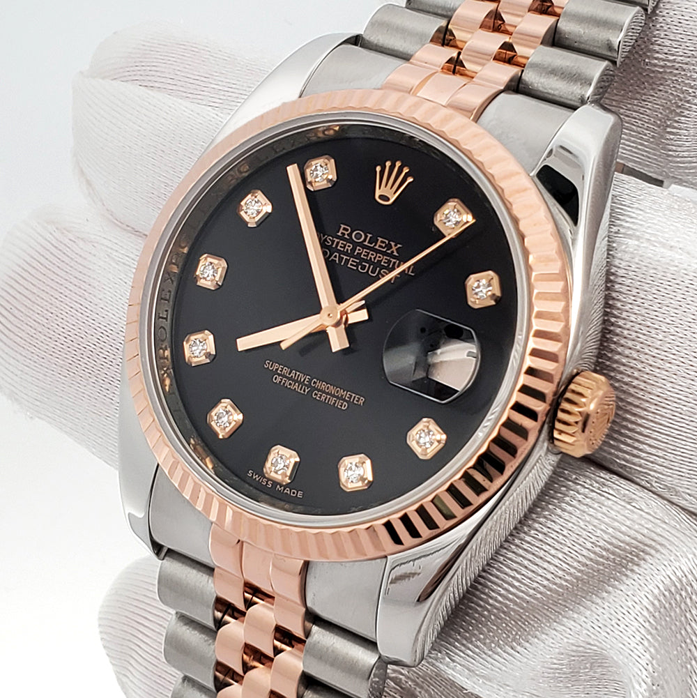 Rolex Datejust 36mm Factory Black Diamond Dial 2-Tone Rose Gold/Steel
