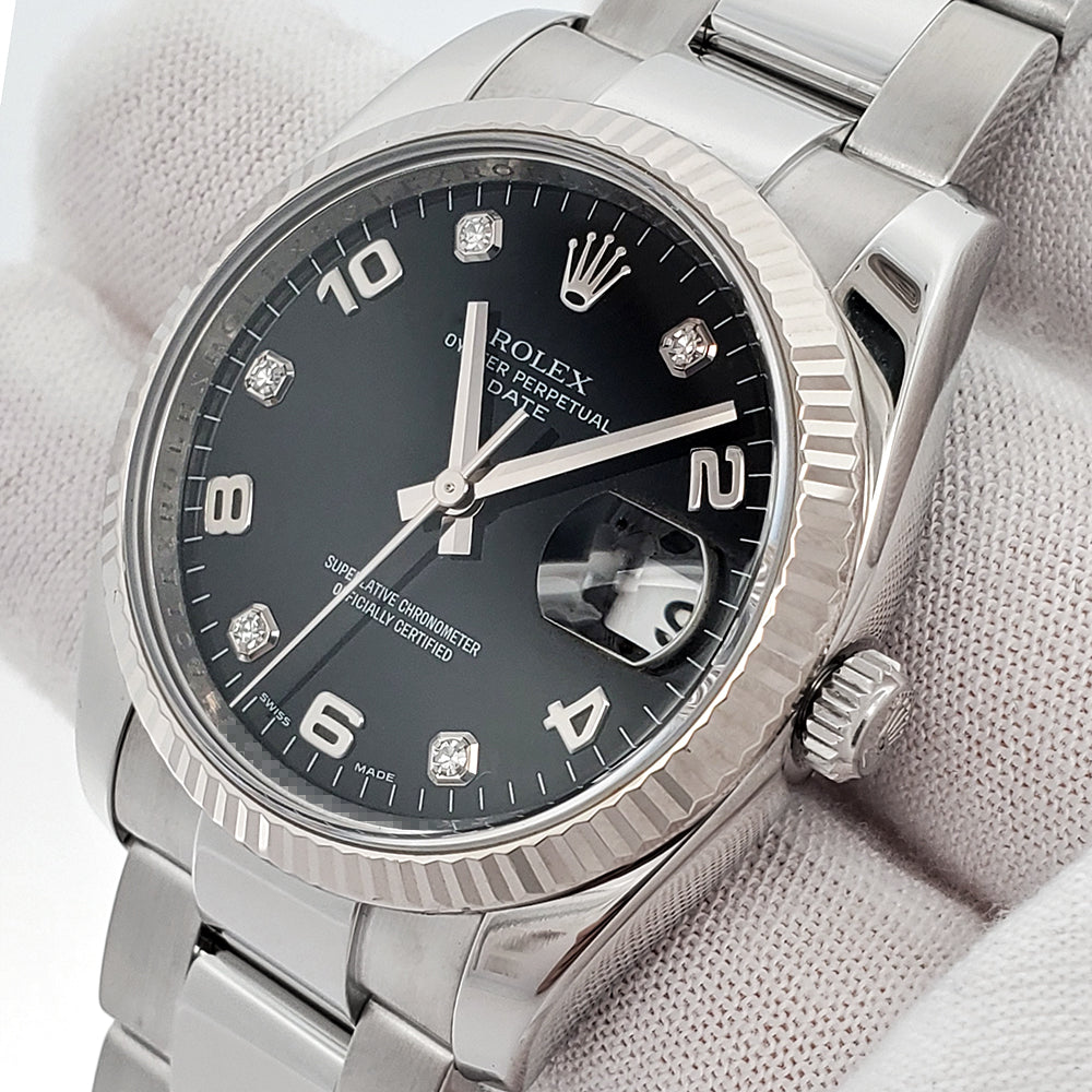 Rolex Oyster Perpetual Date 34mm Black Diamond Watch 115234