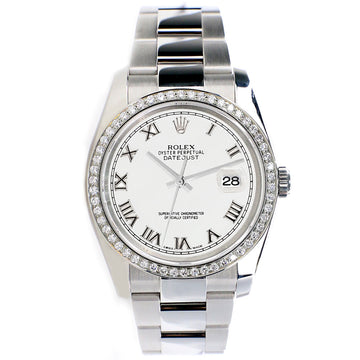 Rolex Datejust 36MM White Roman Dial Steel Oyster Watch with Custom VS1 Diamond Bezel 116200
