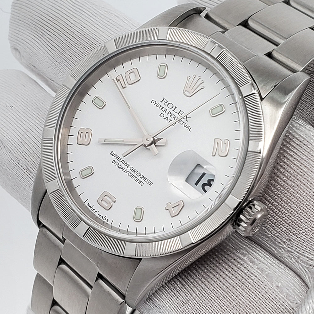 Rolex Date 34mm White Arabic Dial Steel Oyster Watch 15210