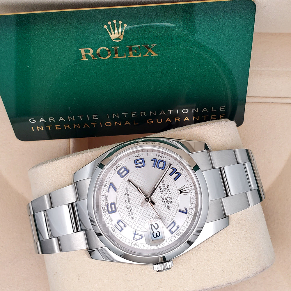 Rolex Datejust 36mm Silver Decorated Blue Arabic Steel Oyster