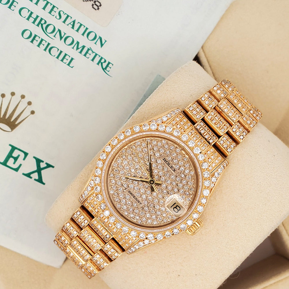 Rolex President Datejust 31mm Pave Diamond Yellow Gold Watch 68278
