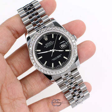 Rolex Datejust 36MM Black Index Dial Steel Jubilee Watch with 1.85CT Custom Diamond Bezel 116200
