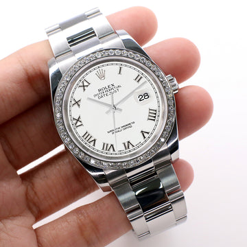 Rolex Datejust 36MM White Roman Dial Steel Oyster Watch with Custom VS1 Diamond Bezel 116200