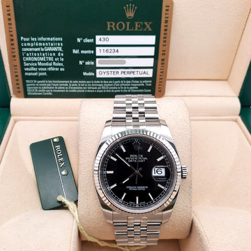 Rolex Datejust 36mm Black Index Dial White Gold Fluted Bezel Steel Jubilee Watch 116234 Box Papers