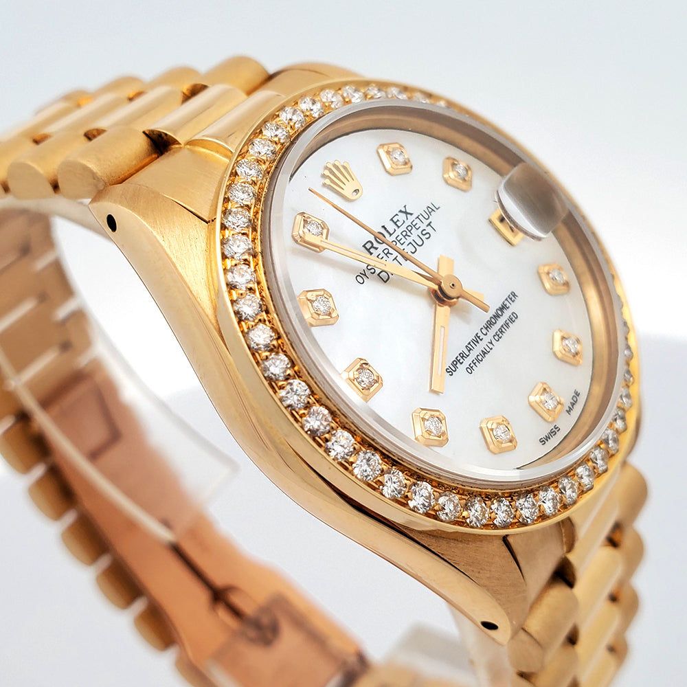 Rolex President Datejust 31mm Yellow Gold Watch 0.95ct Diamond Bezel/White MOP