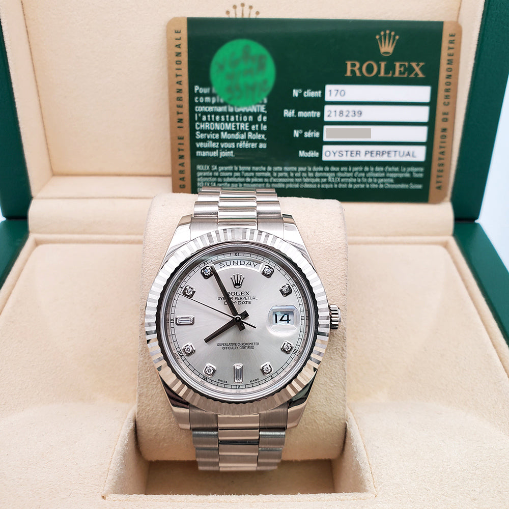Rolex President Day-Date II 41mm Factory Silver Diamond Dial White Gold Watch 218239 Box Papers