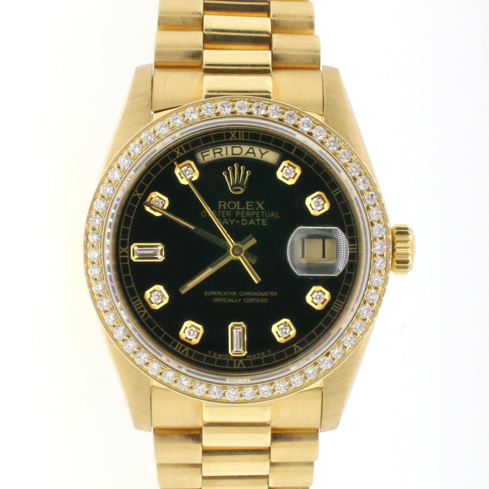 Rolex Men Day-Date 18238 President 18k Gold 36mm-BLACK Baguette