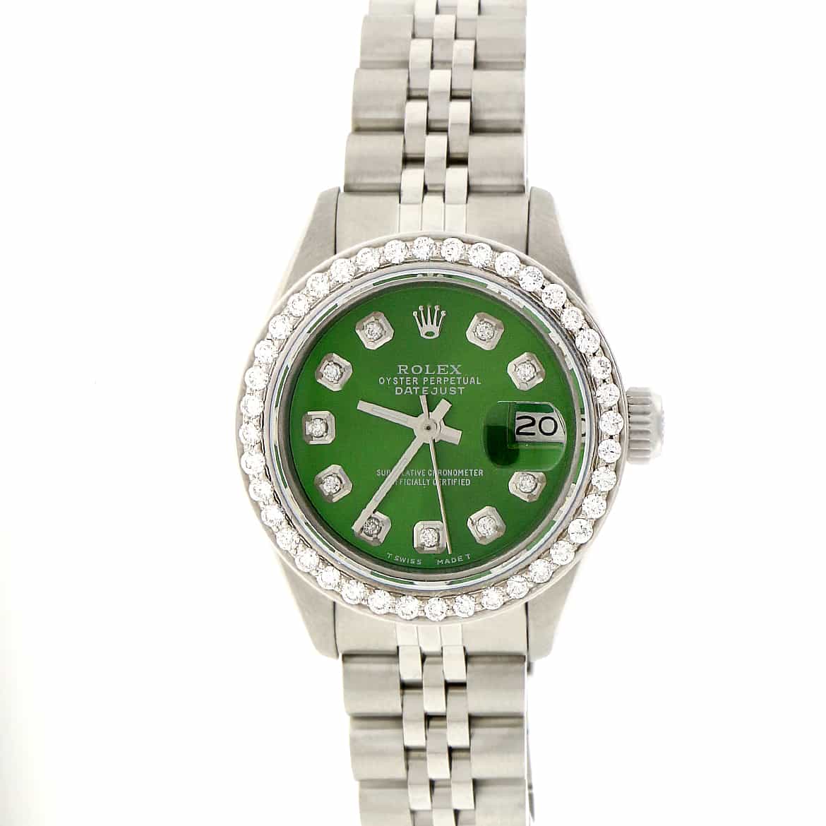 Rolex Ladies 26mm Diamond Bezel/Olive Green Dial Jubilee Stee