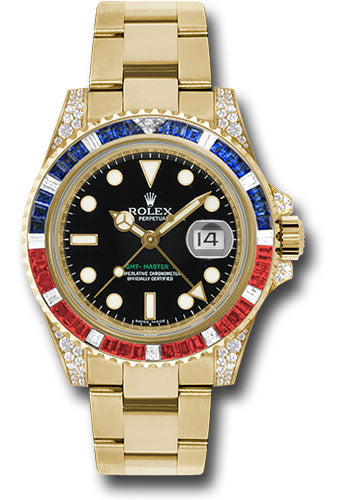 Rolex Yellow Gold GMT-Master II 40 Watch Sapphire Ruby Diamond Bezel Black Dial Oyster Bracelet 116758SARU