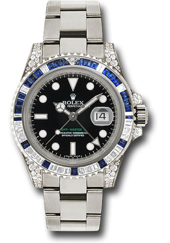 Rolex White Gold GMT-Master II 40 Watch Diamond And Blue Sapphire Bezel Black Dial Oyster Bracelet 116759SA