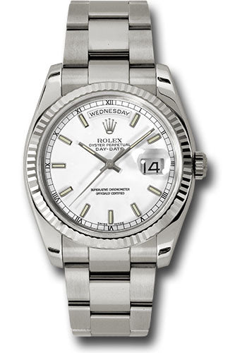 Rolex White Gold Day-Date 36 Watch Fluted Bezel White Index Dial