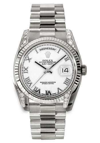 Rolex White Gold Day-Date 36 Watch Fluted Bezel White Roman Dial