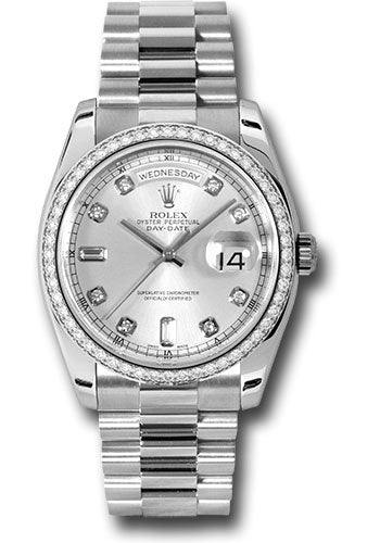 Rolex Platinum Day-Date 36 Watch Bezel Silver Diamond Dial President Bracelet 118346 sdp