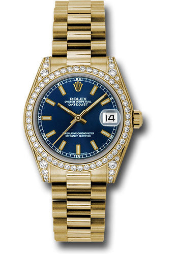 Rolex Yellow Gold Datejust 31 Watch 48 Diamond Bezel Blue Index Dial President Bracelet 178158 blip