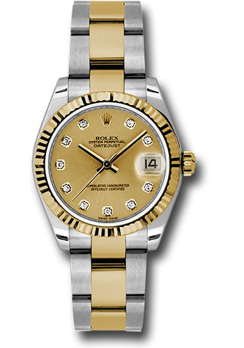 Rolex Steel and Yellow Gold Datejust 31 Watch Fluted Bezel Champag