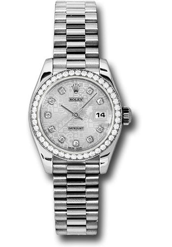 Rolex Platinum Lady-Datejust 26 Watch 42 Diamond Bezel Silver Jubilee Diamond Dial President Bracelet 179136 sjdp