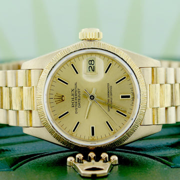 Rolex President Datejust Ladies 18K Yellow Gold 26MM Champagne Stick Dial Automatic Bark Finish Watch
