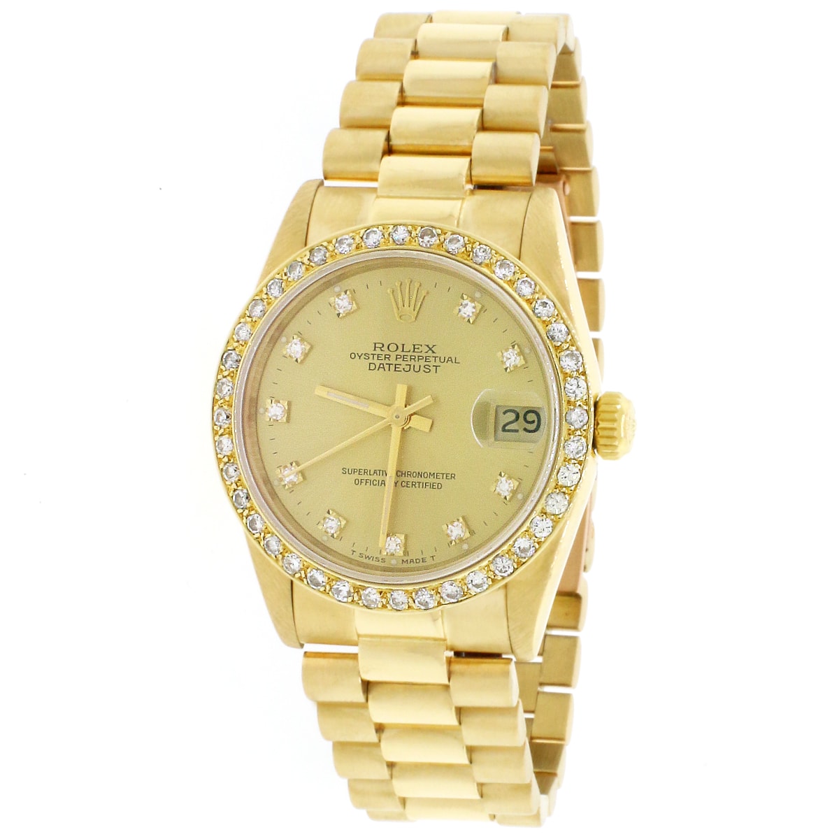 Rolex President Midsize 18K Yellow Gold Factory Diamond Dial 
