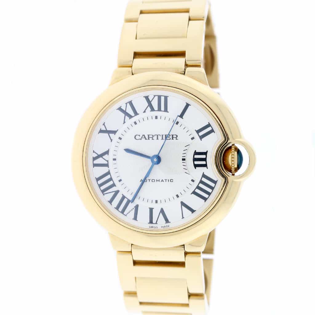 Cartier Ballon Bleu 18K Yellow Gold 36MM Medium Silver Roman Dial Automatic Mens Watch W69003Z2