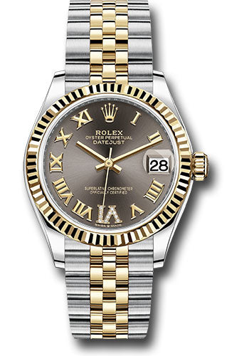 Rolex Steel and Yellow Gold Datejust 31 Watch Fluted Bezel Dark Grey  Diamond Roman Six Dial Jubilee Bracelet 278273 dkgdr6j