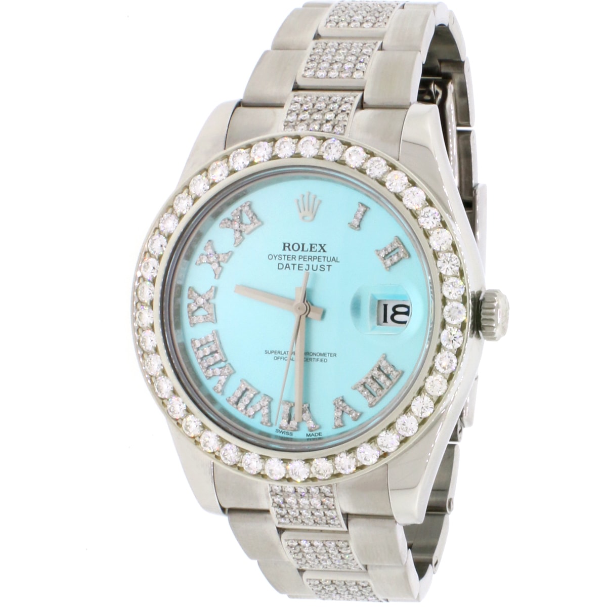 MENS ROLEX DATEJUST ICE BLUE DIAL 18K WHITE GOLD DIAMOND BEZEL & STEEL WATCH