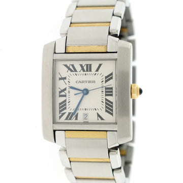 Cartier Tank Francaise Large 2-Tone 18K Yellow Gold & SS 28MM Silver Roman Dial Automatic Watch W51005Q4 w/Box&Papers