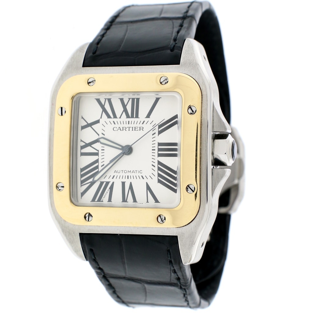 Cartier Santos 100 Large 2 Tone 18K Yellow Gold Stainless Steel Factory Roman Dial Automatic Mens Watch W20072X7