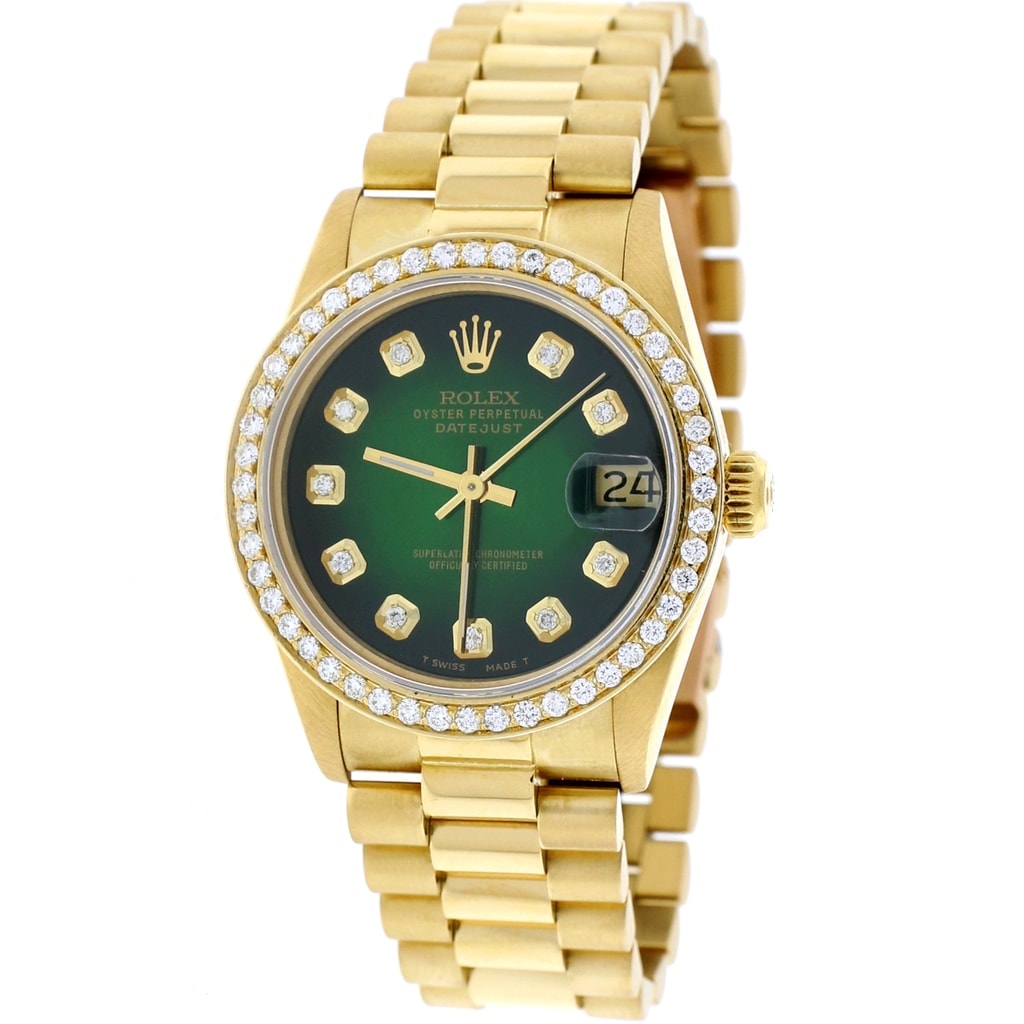 Rolex President Datejust Midsize 18K Yellow Gold 31mm Automatic Watch 68278 w/Vignette Green Diamond Dial & Bezel