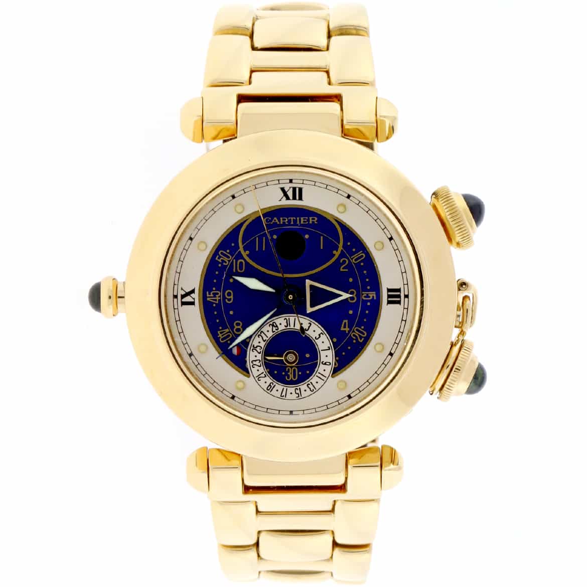 Cartier Pasha 18K Yellow Gold Alarm Moon Phase Blue Dial 38MM Mens Watch 30011