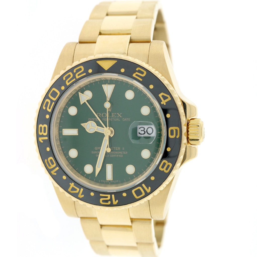 Rolex GMT-Master II 18K Yellow Gold Ceramic Bezel Green Dial 40MM Automatic Mens Oyster Watch 116718 Box Papers