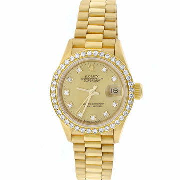 Rolex President Datejust Ladies Original Champagne Diamond Dial 18K Yellow Gold 26MM Watch w/Diamond Bezel 69178
