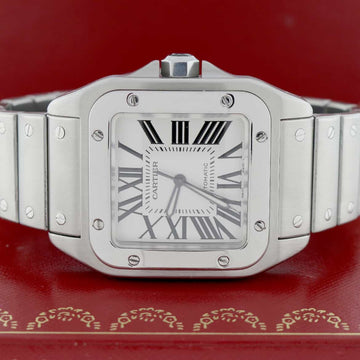 Cartier Santos 100 Large Silver Roman Dial Automatic Stainless Steel Mens Watch W20073X8