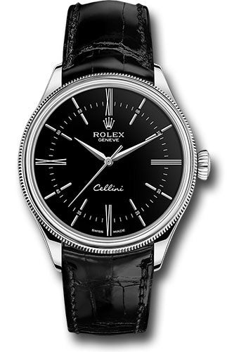 Rolex Cellini Time Watch - White Gold - Black Dial - Black Leather Str