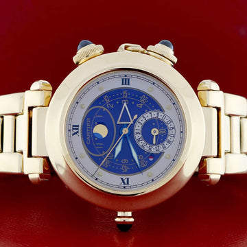 Cartier Pasha 18K Yellow Gold Alarm Moon Phase Blue Dial 38MM Mens Watch 30011